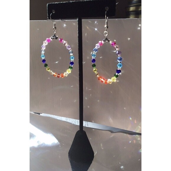 Handmade Rainbow Beaded Hoop Earrings 1.5” Pride Love Remembrance Promise - Picture 4 of 7